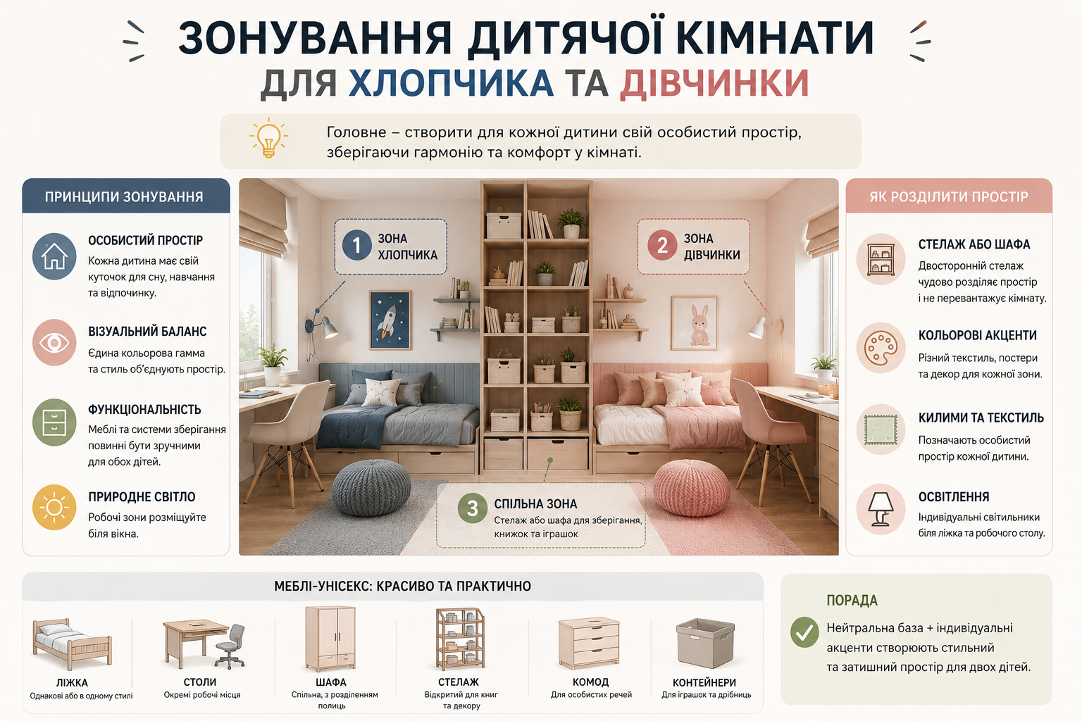 зонування дитячої кімнати для хлопчика та дівчинки